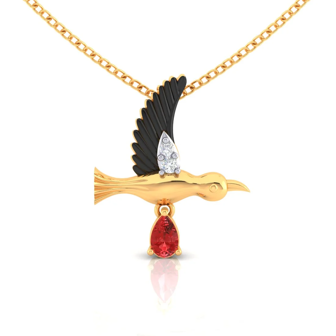 18K Diamond Pendant Hummingbird Design With Black Meena And Embedded Stones - Image 2