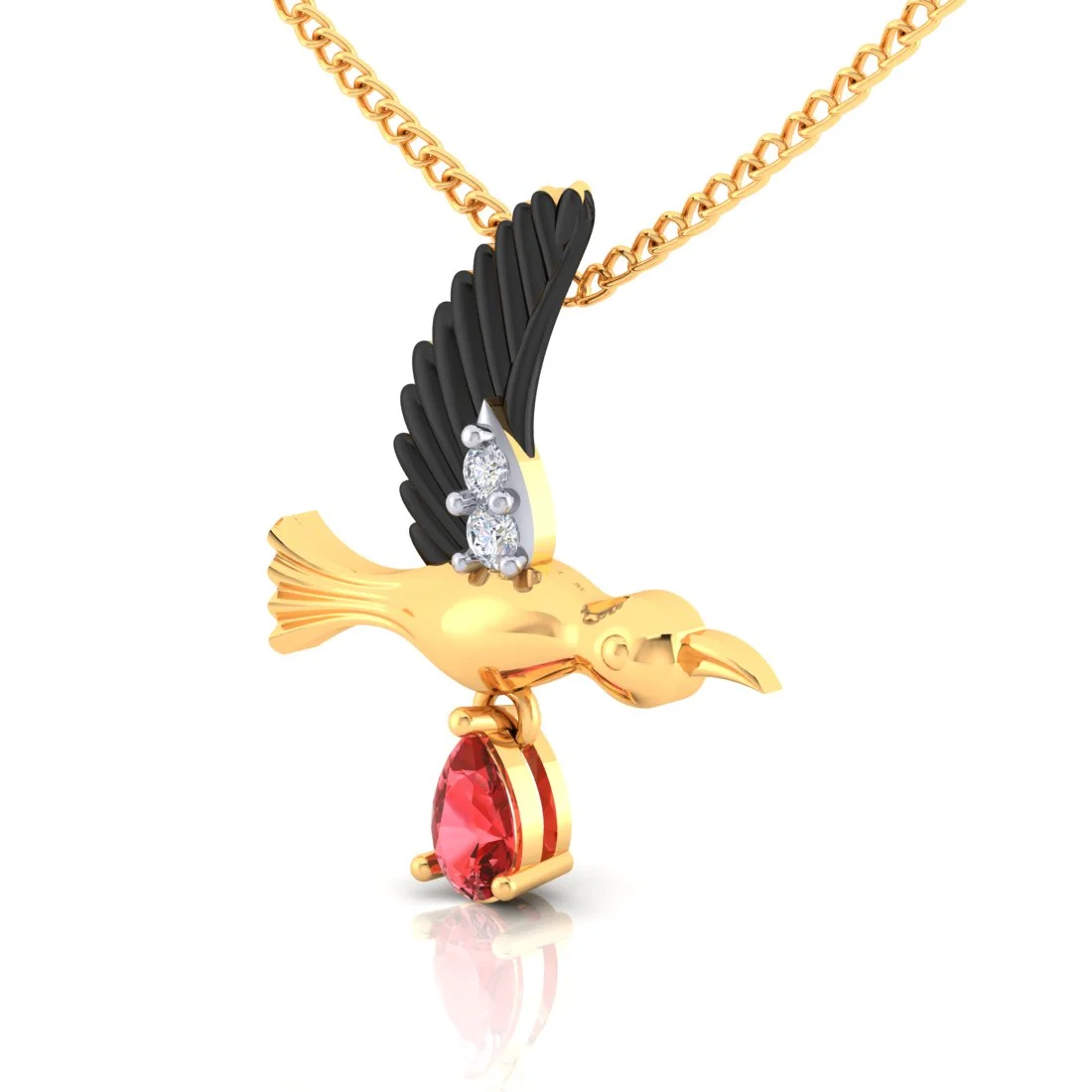 18K Diamond Pendant Hummingbird Design With Black Meena And Embedded Stones - Image 3