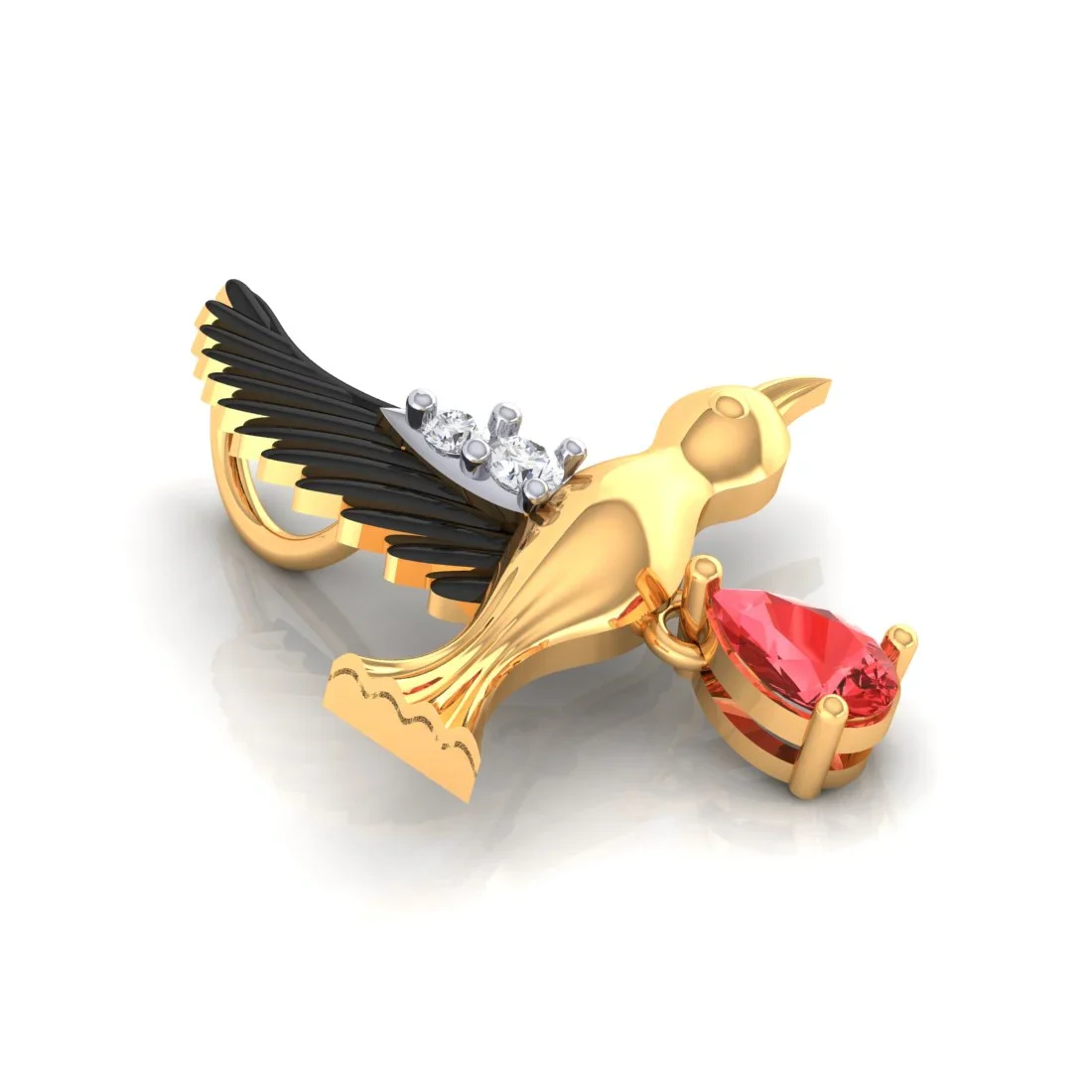 18K Diamond Pendant Hummingbird Design With Black Meena And Embedded Stones - Image 4