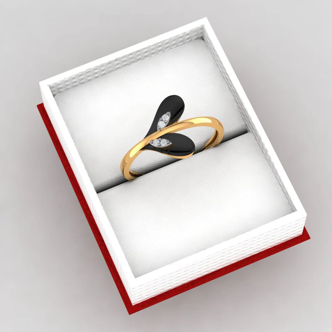 18K Diamond Ring With Leafy Heart Black Inlay And Embedded Diamond Detailing - Image 6