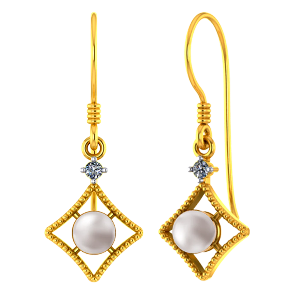 18k Diamond Shaped Diamond Earrings With A Pearl And Beautiful Detailing - Image 2