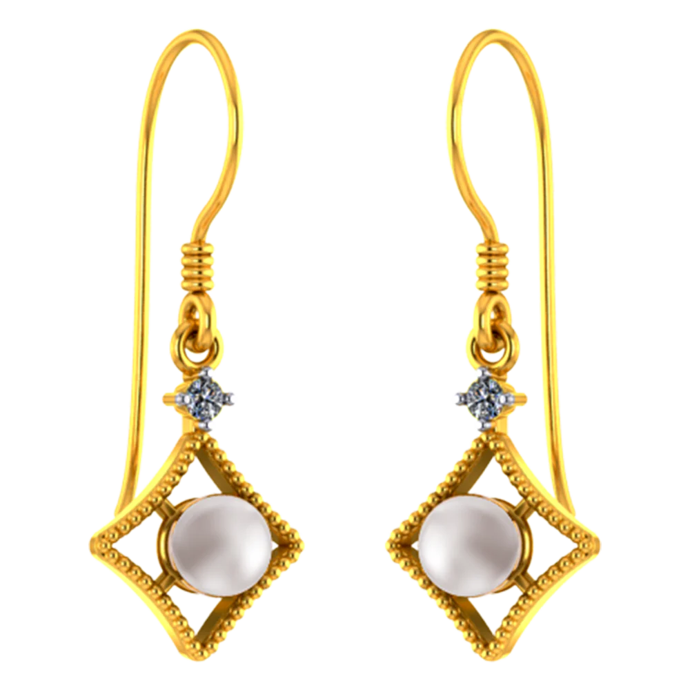 18k Diamond Shaped Diamond Earrings With A Pearl And Beautiful Detailing - Image 3