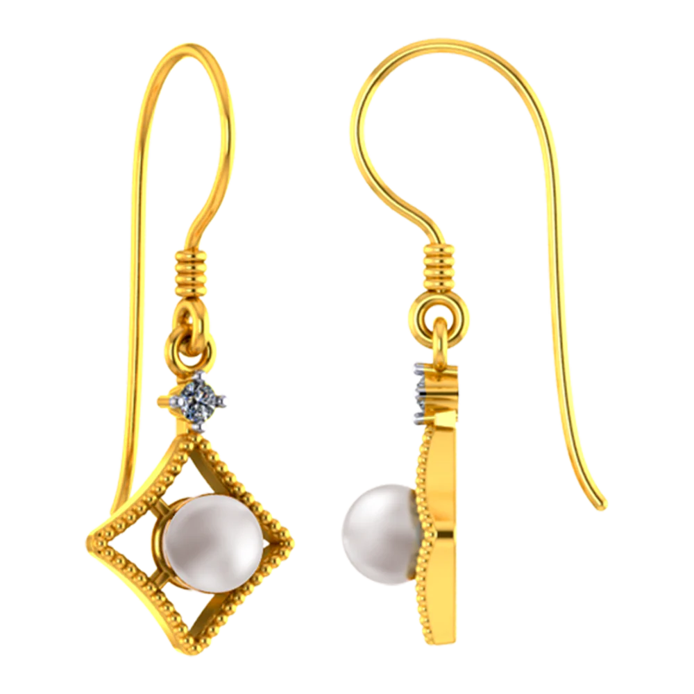 18k Diamond Shaped Diamond Earrings With A Pearl And Beautiful Detailing - Image 4