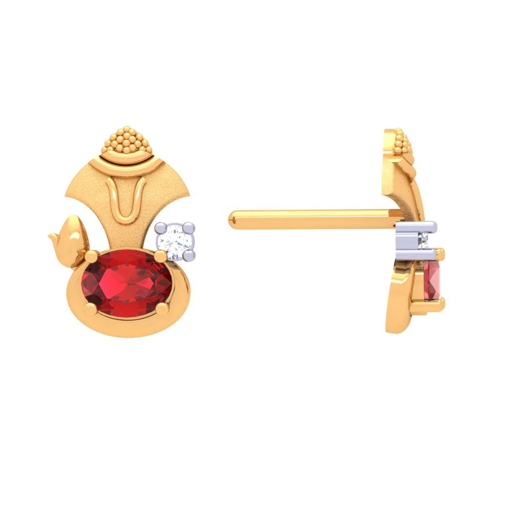 18k Gold And Diamond Stud Earring With Red Gems From Diamond Collection - Image 3