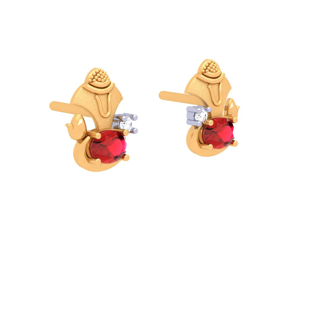 18k Gold And Diamond Stud Earring With Red Gems From Diamond Collection - Image 4