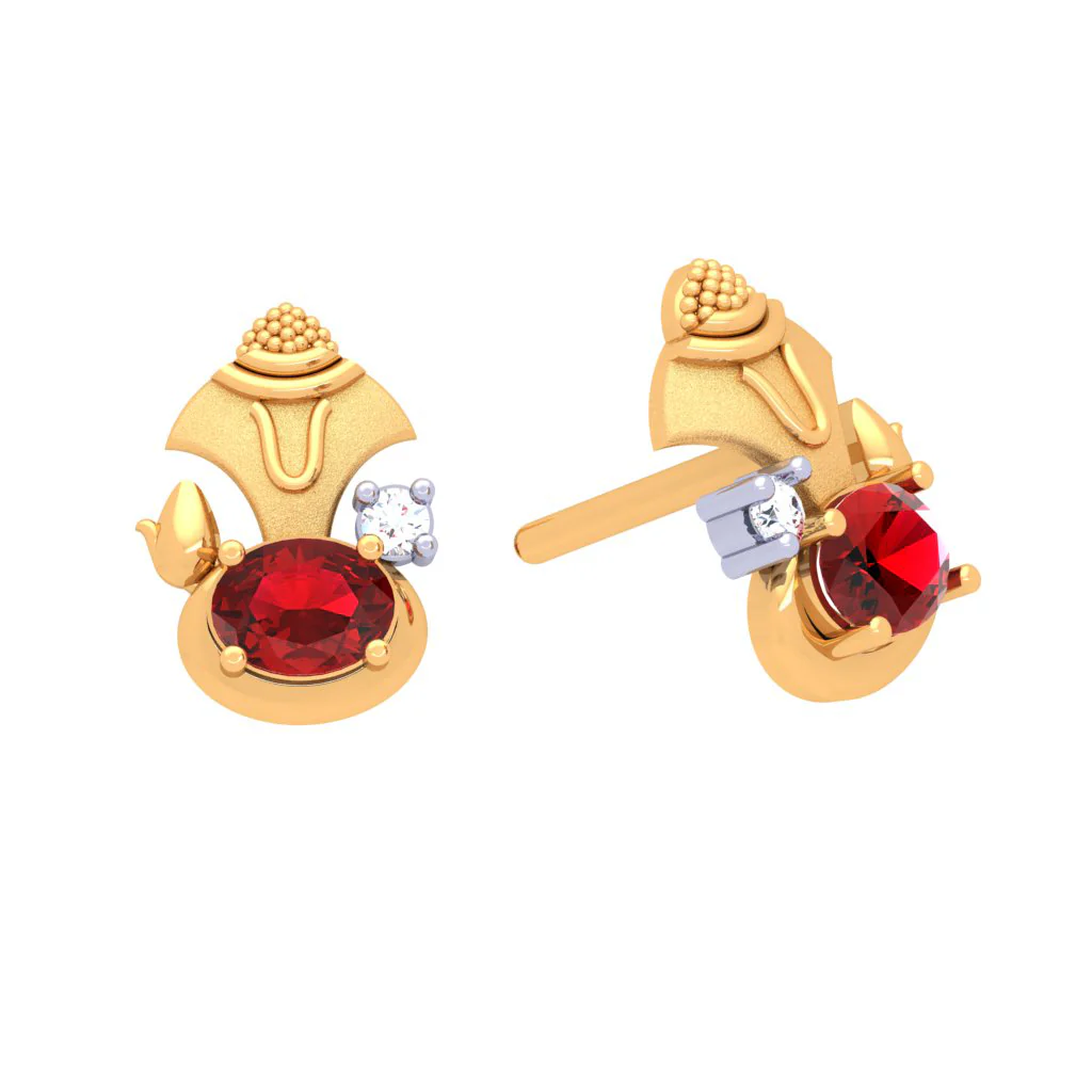 18k Gold And Diamond Stud Earring With Red Gems From Diamond Collection - Image 5