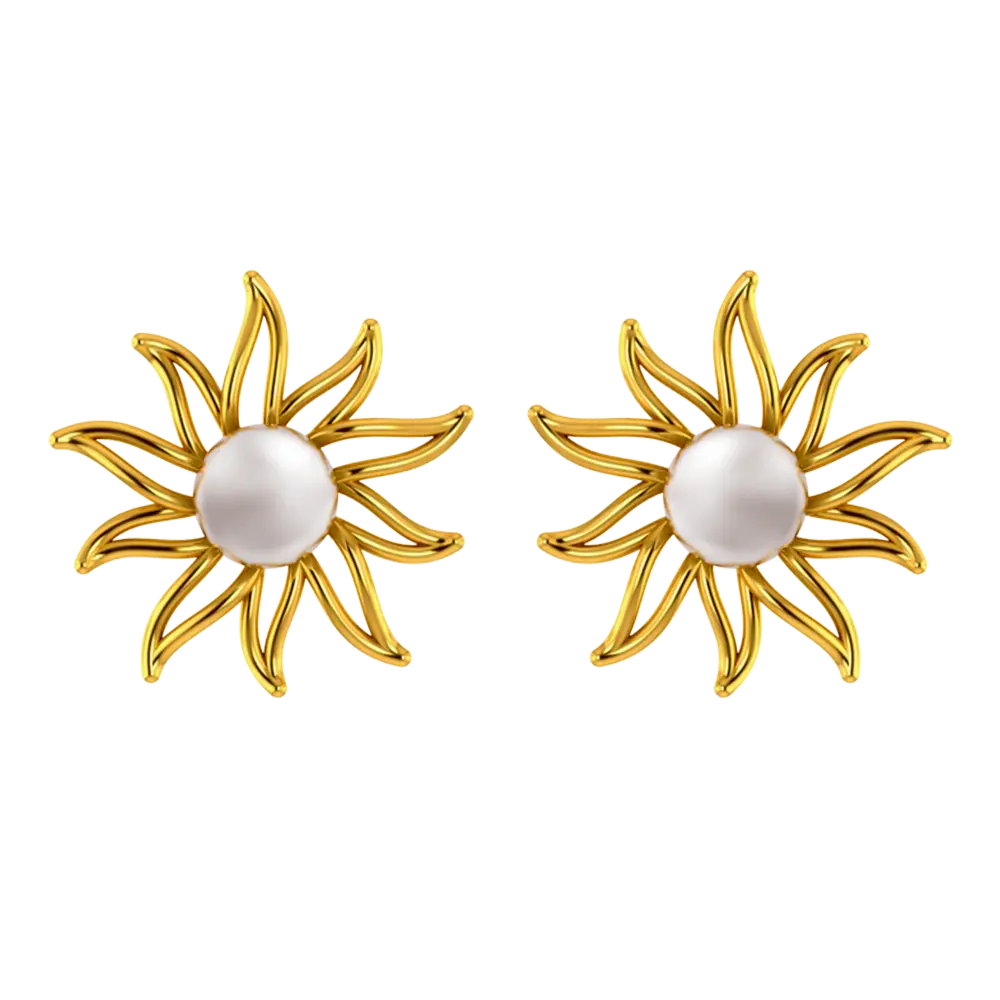 18k Gold Earrings In The Shape Of A Sun With Pearl Design