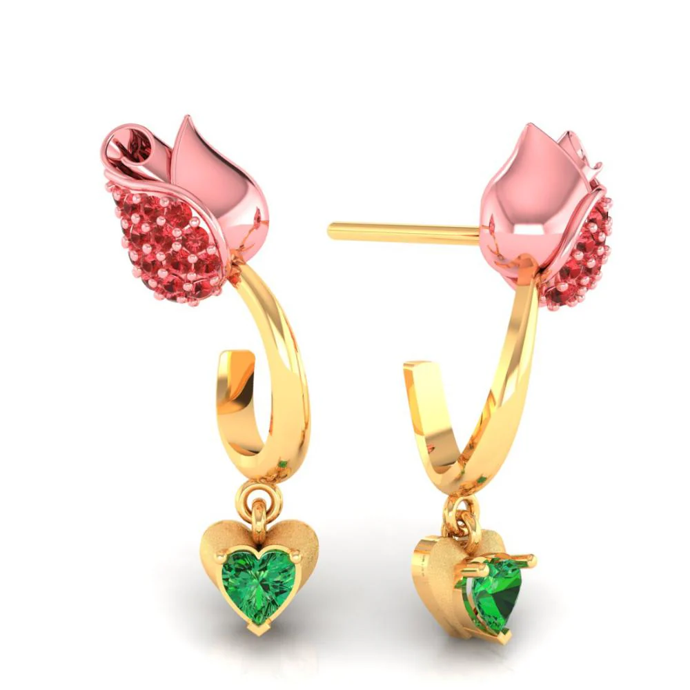 18k Gold Earrings With Stone-studded Yellow Flower Design And A Heart Drop - Image 2