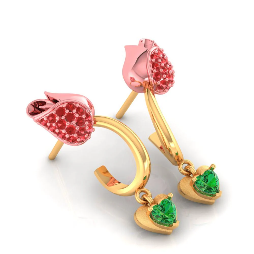 18k Gold Earrings With Stone-studded Yellow Flower Design And A Heart Drop - Image 3