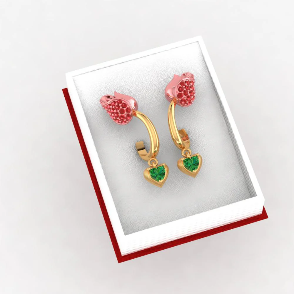 18k Gold Earrings With Stone-studded Yellow Flower Design And A Heart Drop - Image 6
