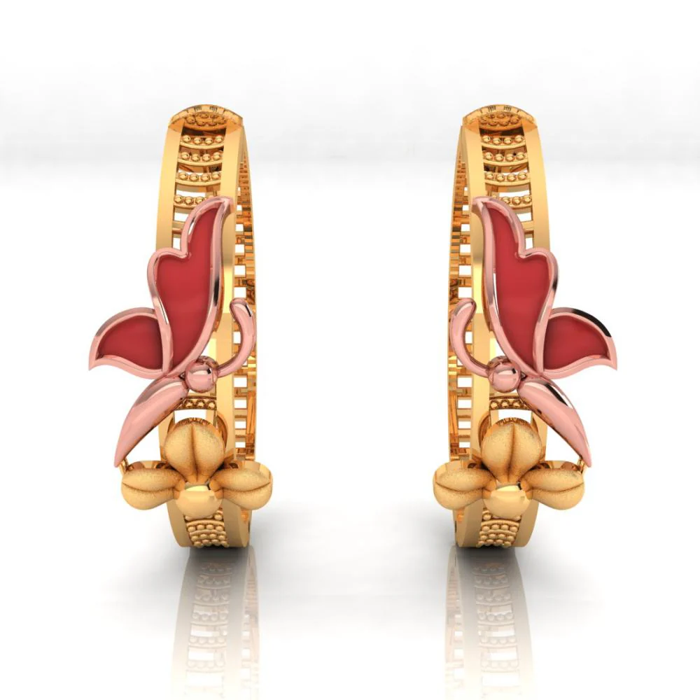 18k Gold Earrings With Yellow Gold Coloured Butterfly Sitting On A Flower Design