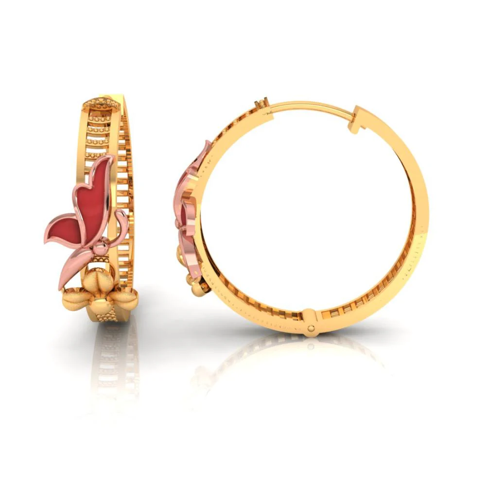 18k Gold Earrings With Yellow Gold Coloured Butterfly Sitting On A Flower Design - Image 2