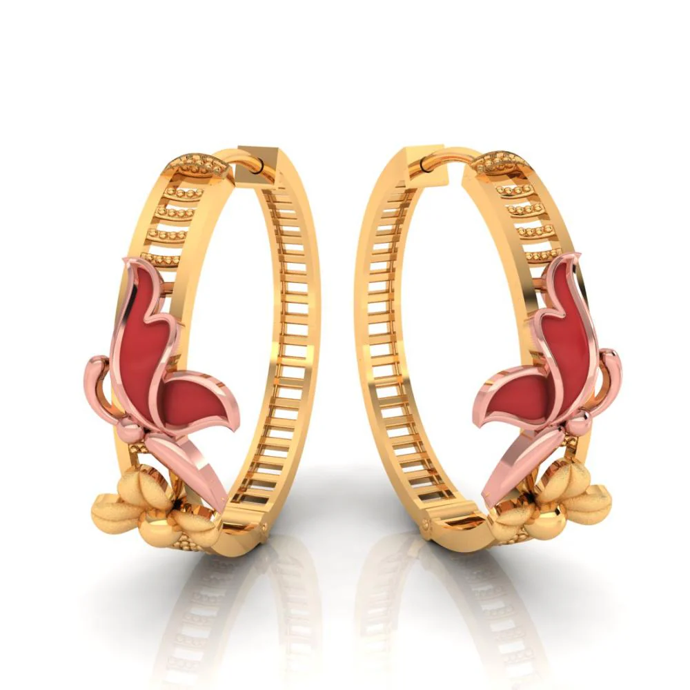 18k Gold Earrings With Yellow Gold Coloured Butterfly Sitting On A Flower Design - Image 3