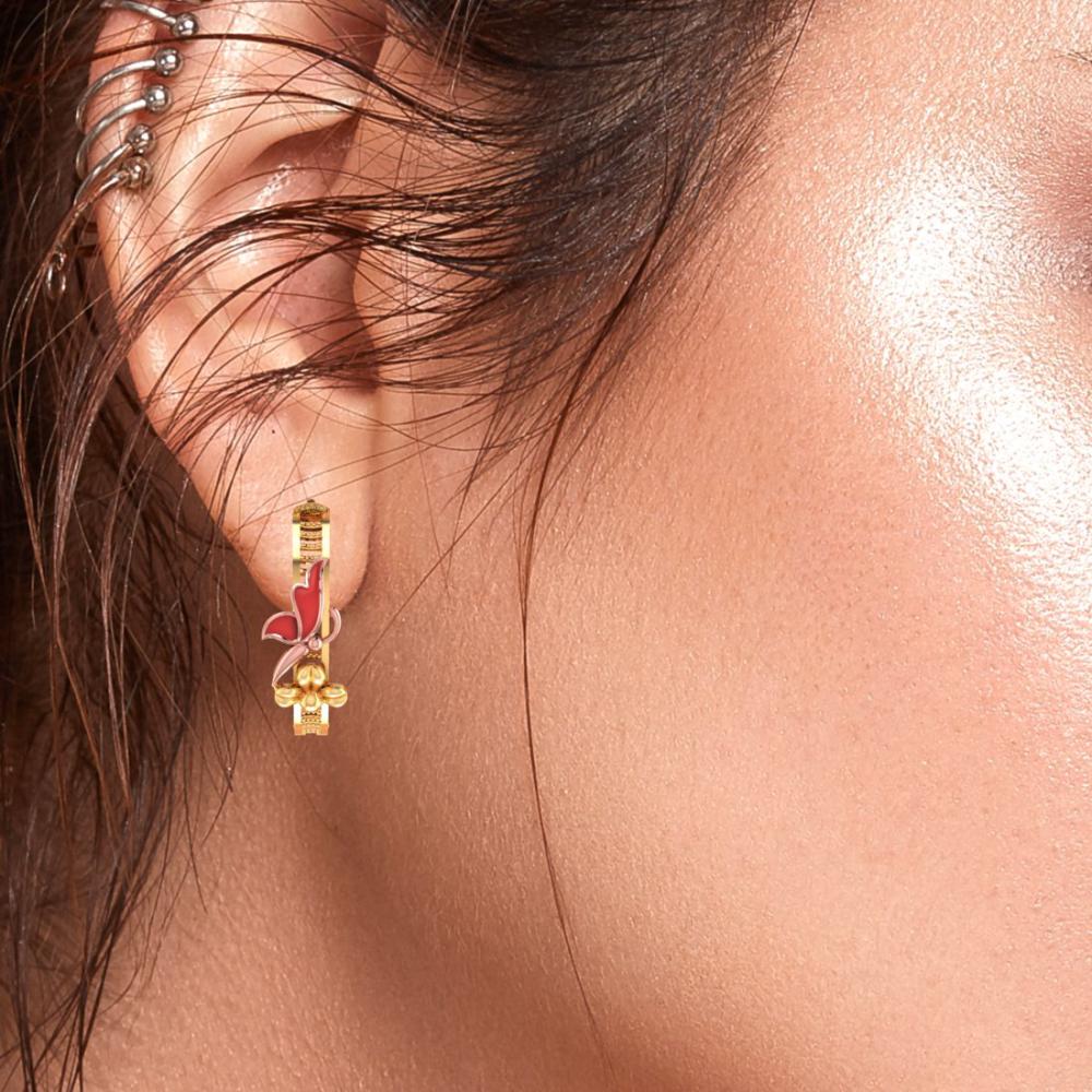 18k Gold Earrings With Yellow Gold Coloured Butterfly Sitting On A Flower Design - Image 4