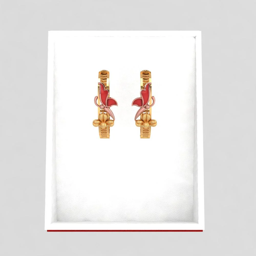 18k Gold Earrings With Yellow Gold Coloured Butterfly Sitting On A Flower Design - Image 5