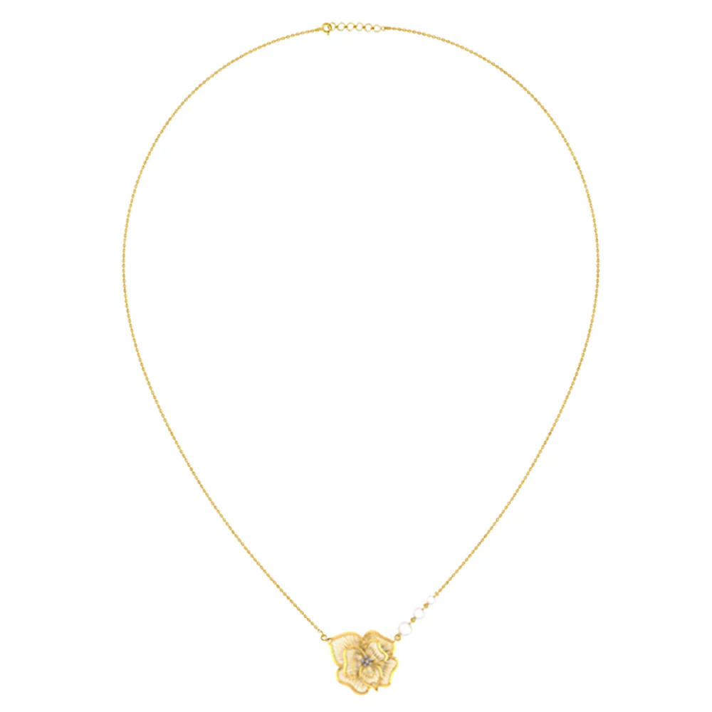 18k Gold Flower Shaped Diamond Necklace 3 Pearls