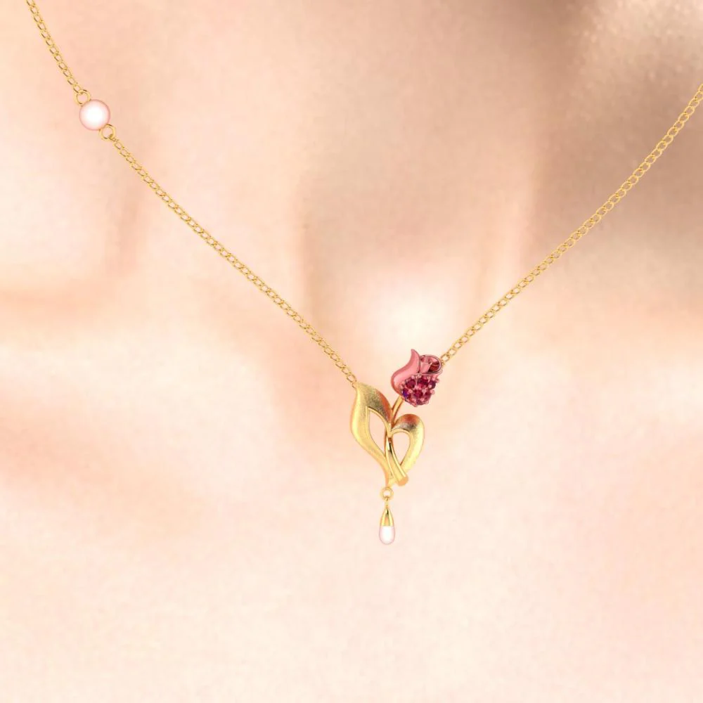 18k Gold Necklace With A Yellow Flower Motif And A Pearl Drop - Image 5