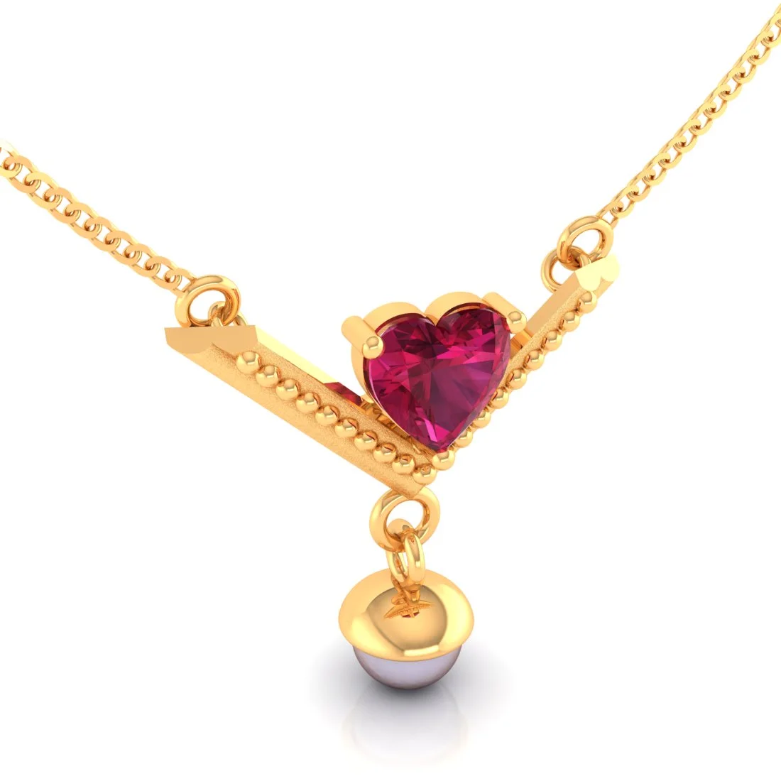18K Gold Necklace With Heart Motif Set On A V Shape And Pearl Dangler - Image 3