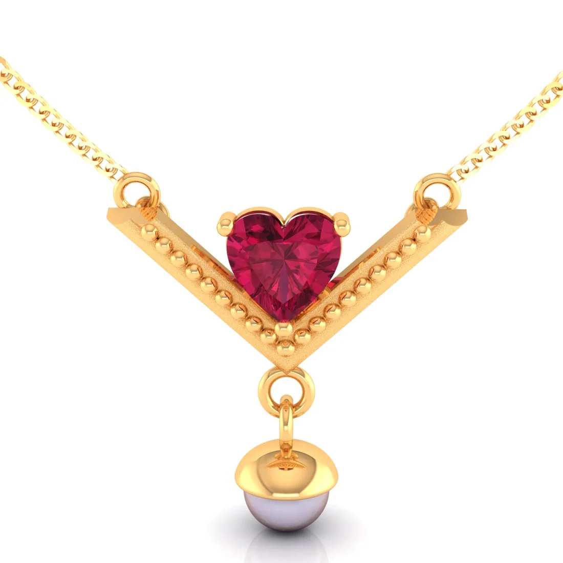 18K Gold Necklace With Heart Motif Set On A V Shape And Pearl Dangler - Image 4