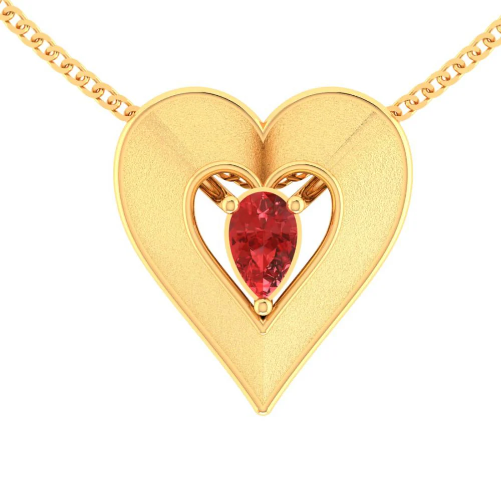 18k Gold Pendant In A Heart Shape And A Red Stone In The Middle