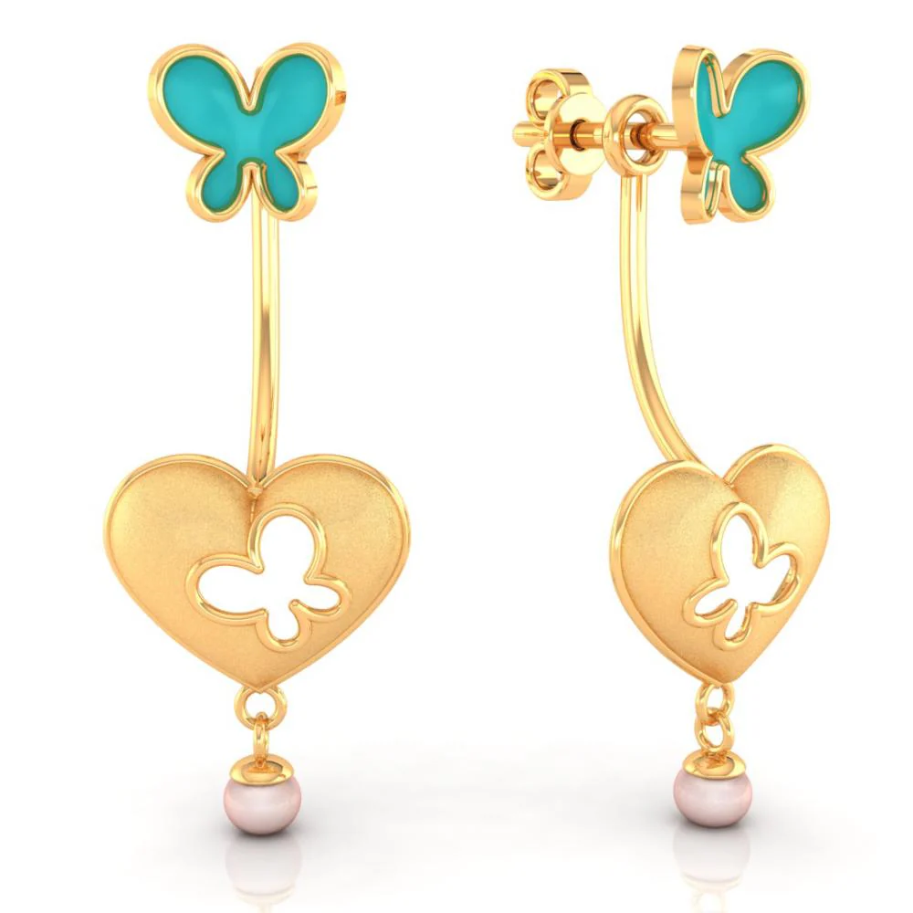 18k Heart-shaped Dangler Gold Earrings With Butterflies And Pearl Drop - Image 2