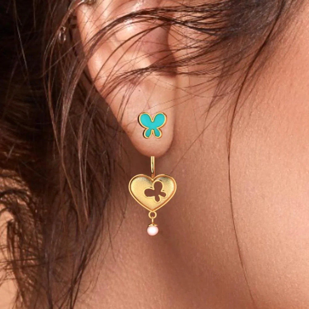 18k Heart-shaped Dangler Gold Earrings With Butterflies And Pearl Drop - Image 5