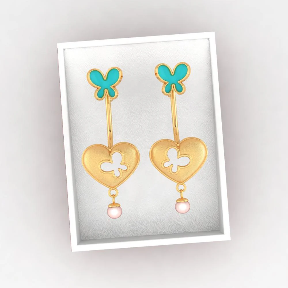 18k Heart-shaped Dangler Gold Earrings With Butterflies And Pearl Drop - Image 6