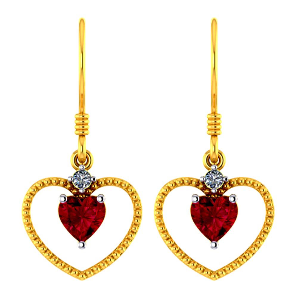 18k Heart Shaped Diamond Earrings With A Red Stone