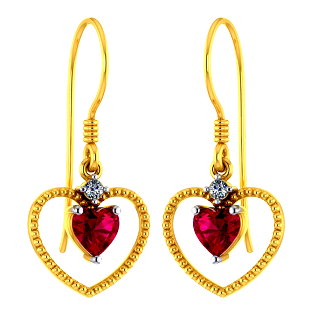 18k Heart Shaped Diamond Earrings With A Red Stone - Image 2