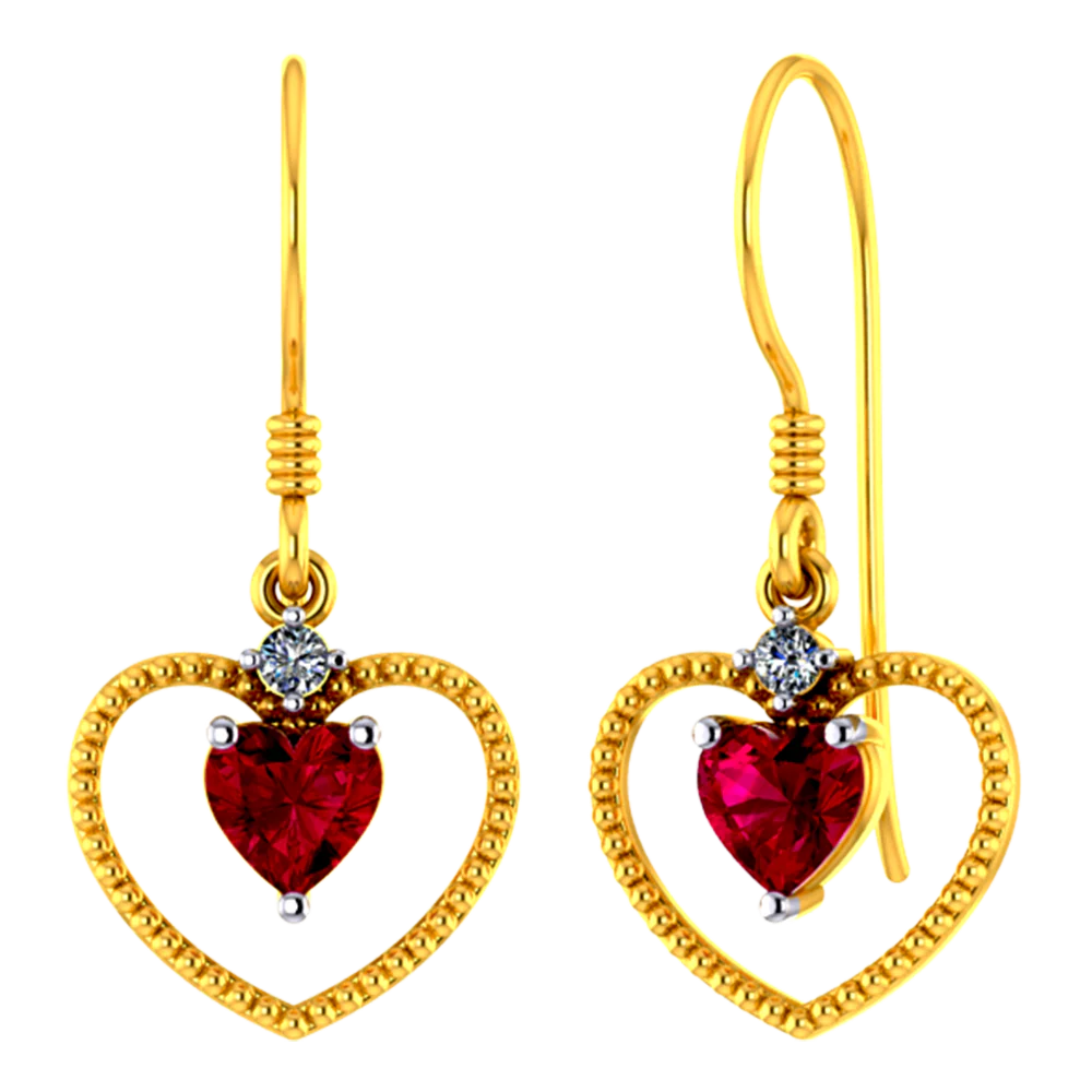 18k Heart Shaped Diamond Earrings With A Red Stone - Image 3