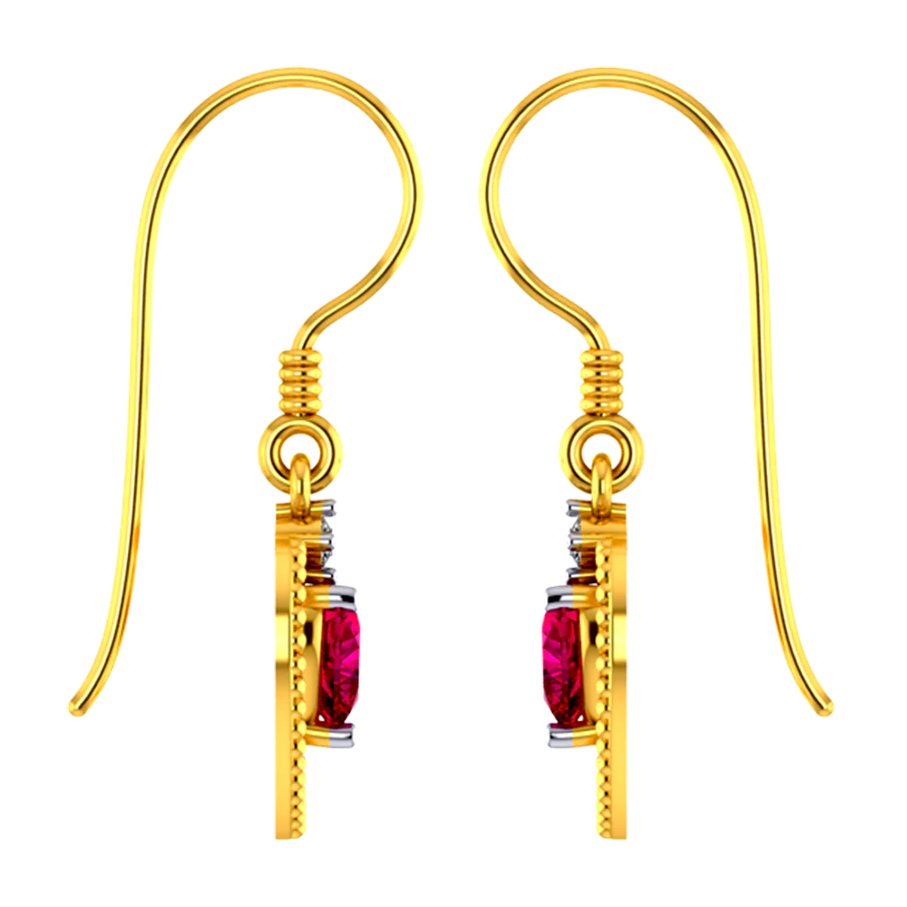 18k Heart Shaped Diamond Earrings With A Red Stone - Image 4