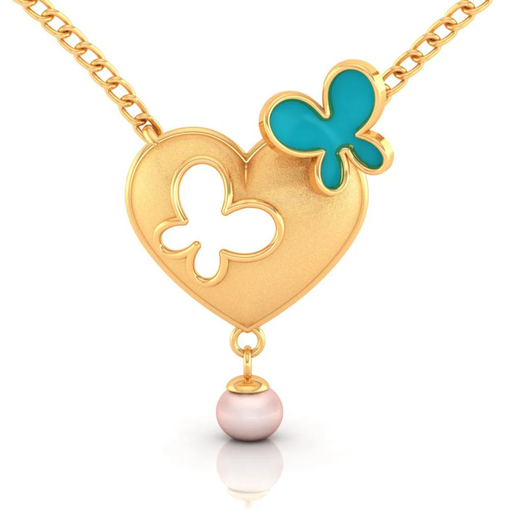 18k Heart-shaped Gold Necklace With Butterflies And A Pearl Drop