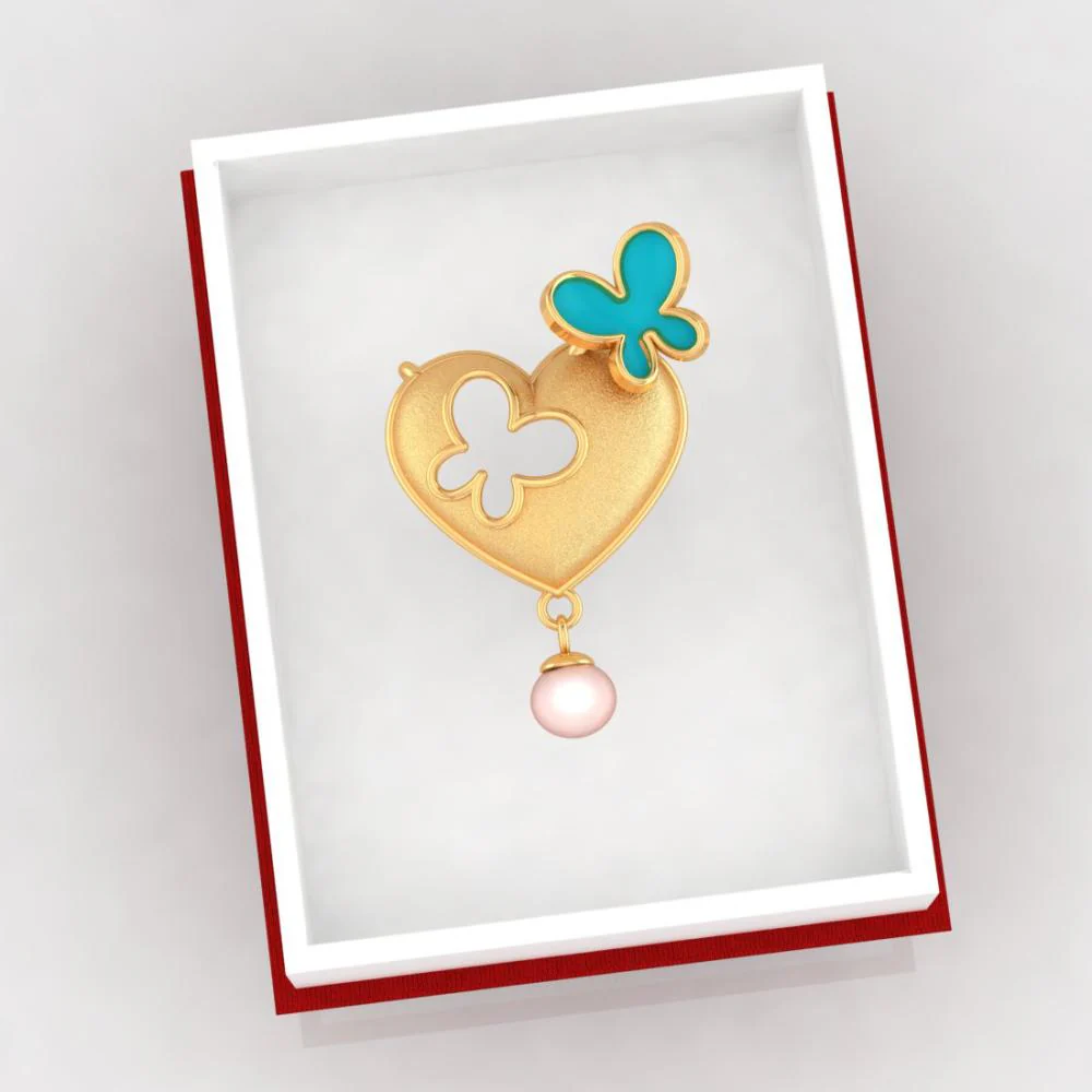 18k Heart-shaped Gold Necklace With Butterflies And A Pearl Drop - Image 6