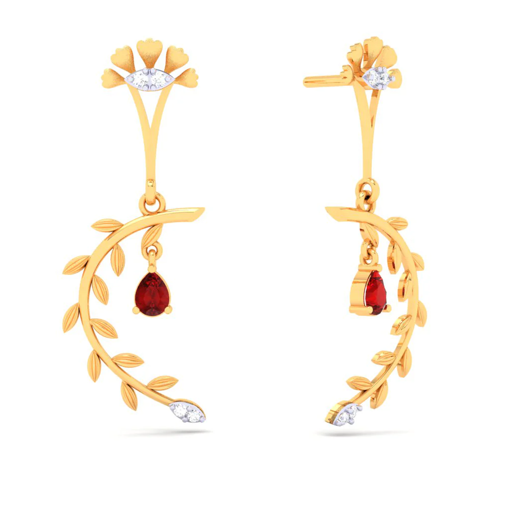 18k Leafy Design Diamond Earring With A Unique Flower Shape\
detail & A Red Stone From Diamond Collection - Image 2