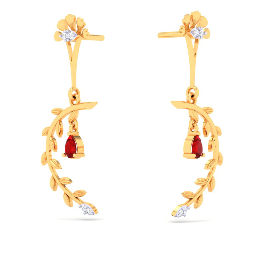 18k Leafy Design Diamond Earring With A Unique Flower Shape\
detail & A Red Stone From Diamond Collection - Image 3