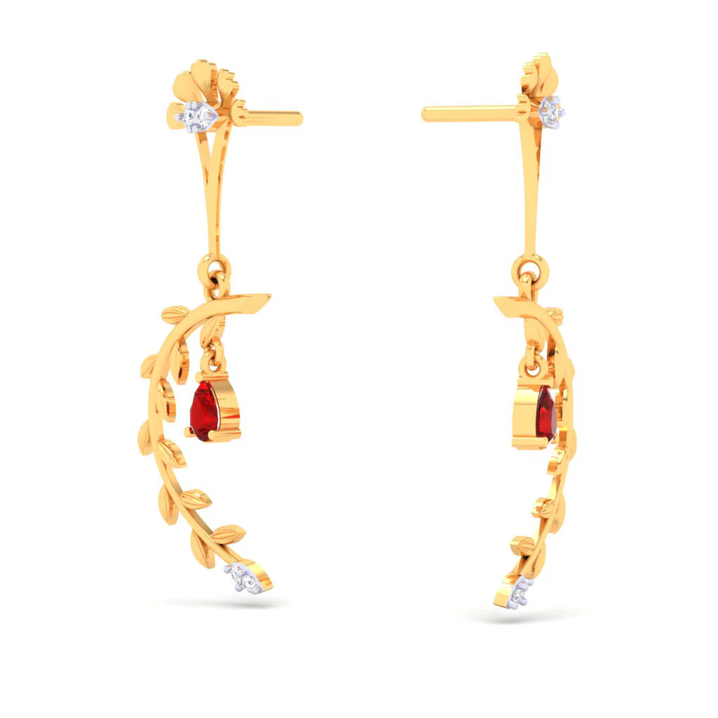 18k Leafy Design Diamond Earring With A Unique Flower Shape\
detail & A Red Stone From Diamond Collection - Image 4