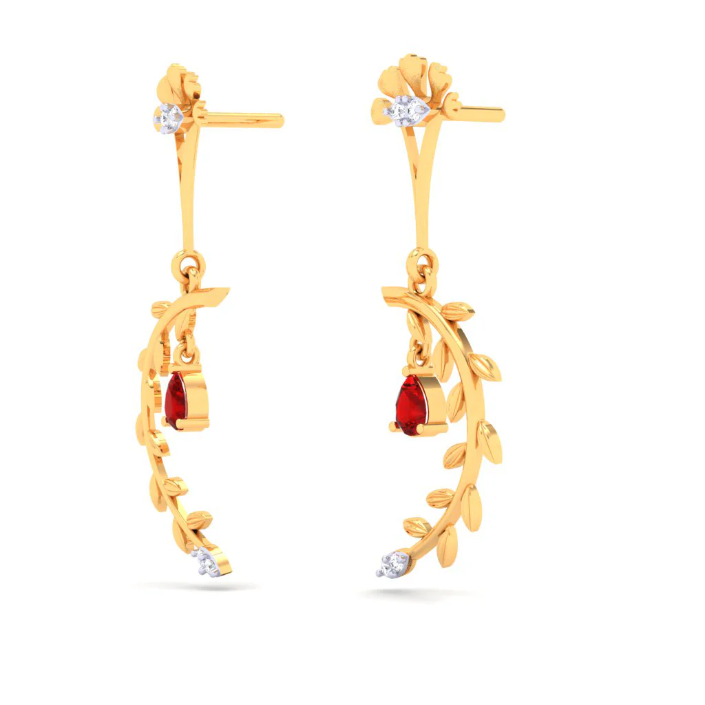 18k Leafy Design Diamond Earring With A Unique Flower Shape\
detail & A Red Stone From Diamond Collection - Image 5