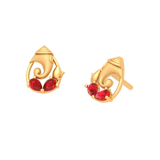 18k  Lord Ganesha Gold Earrings For Women With Red Gemstones - Image 4