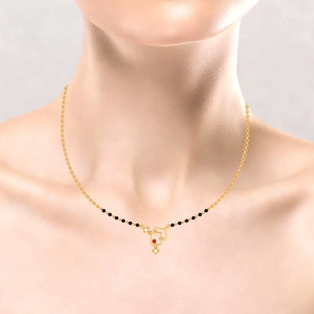 18k Square Shaped Diamond Mangalsutra With Red Stone - Image 5