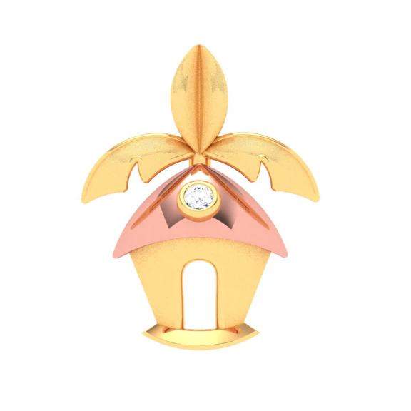 18k Tiny Hut With Banana Leaves Shape Gold & Diamond Pendant From P.c Chandra Jewellers