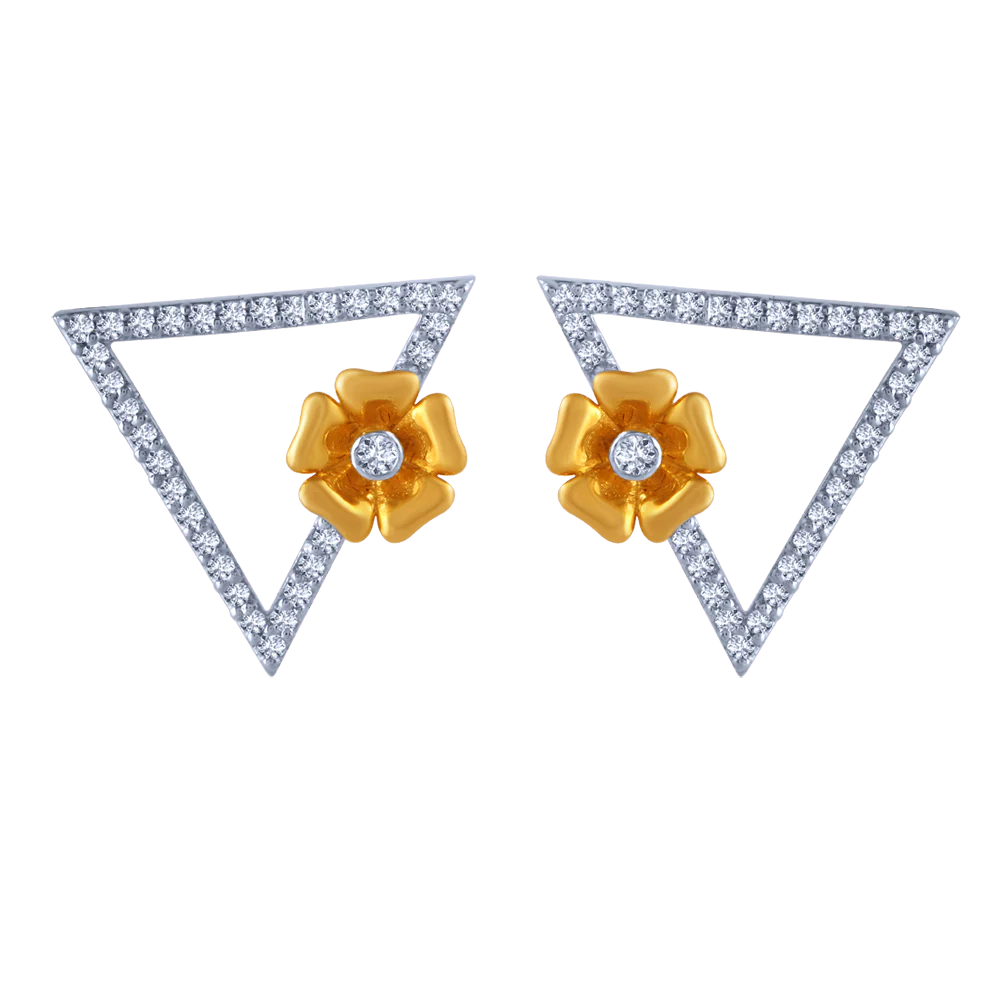 18k Triangular Diamond Stud Earrings With An Intricate Flower