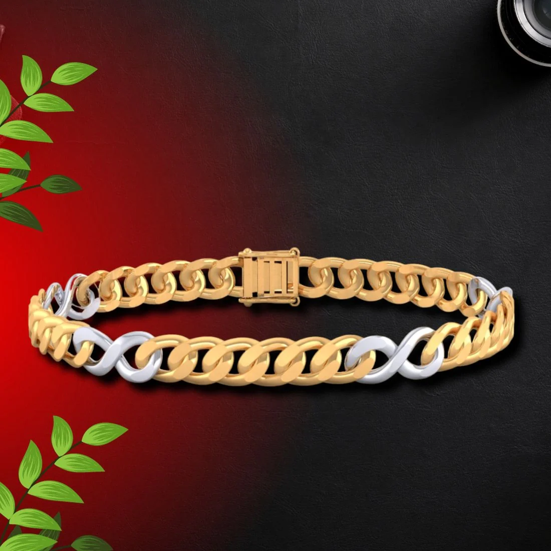 18KT (750) Yellow Gold Men's Chain Bracelet Dual-Tone Infinity Link Design - Image 7