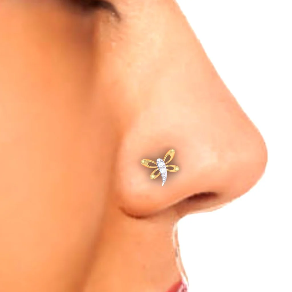 18KT Dragonfly Shaped Gold Nosepin With Three Diamonds From P.c Chandra Jewellers - Image 7