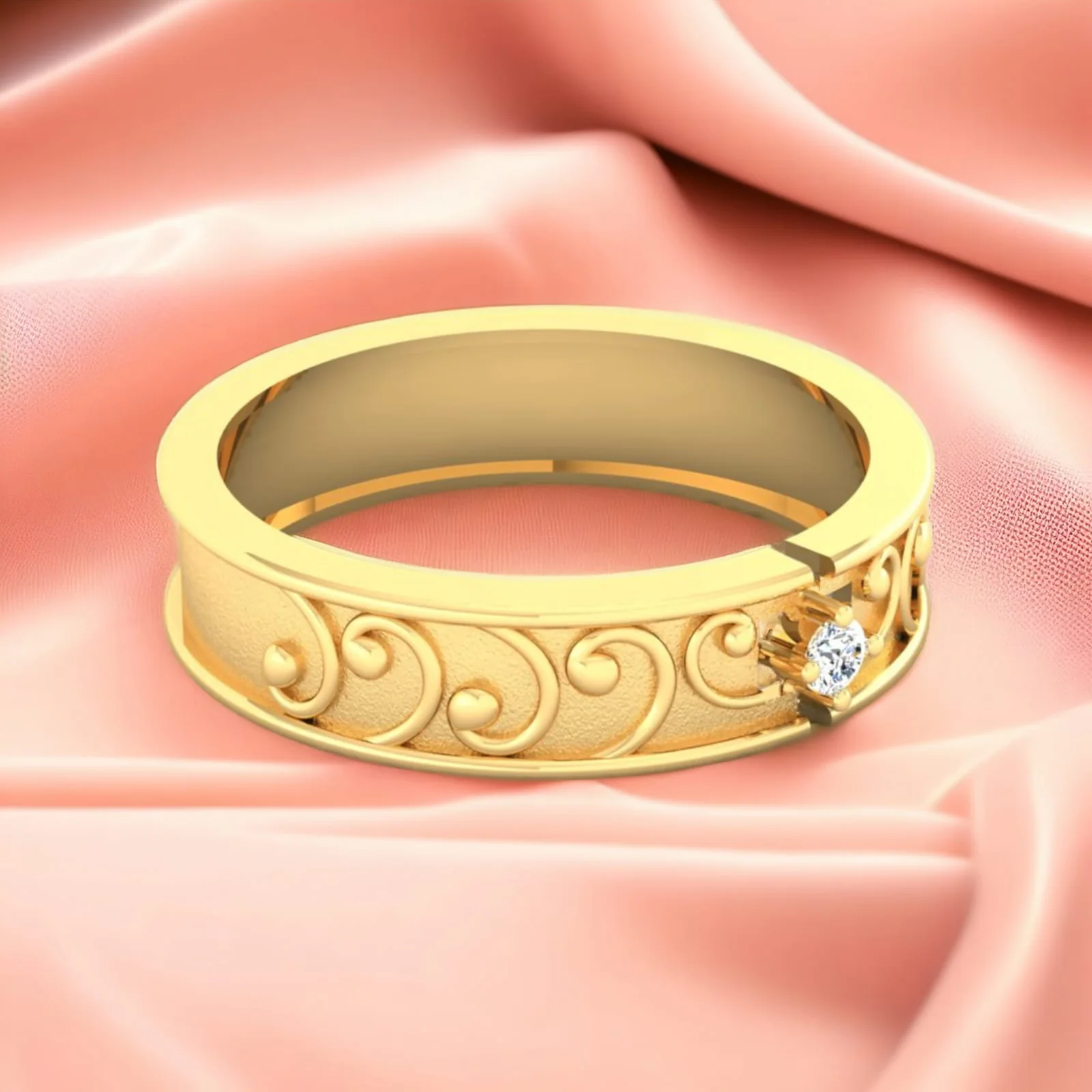 18KT Gold & Diamond Understated Ornate Matte-Finish Band Ring for Women