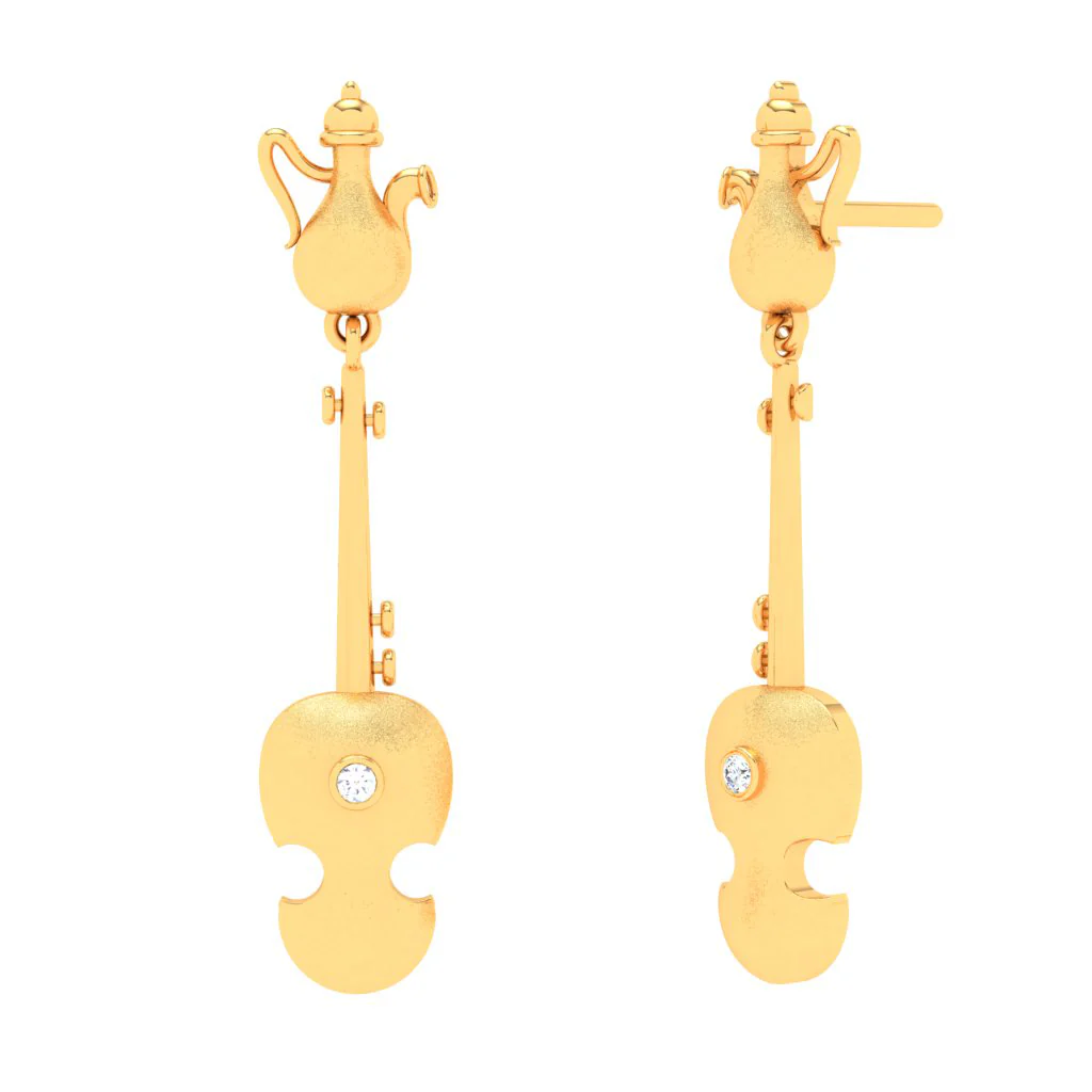 18KT Violin Shaped Gold Earrings From Diamond Collection - Image 2