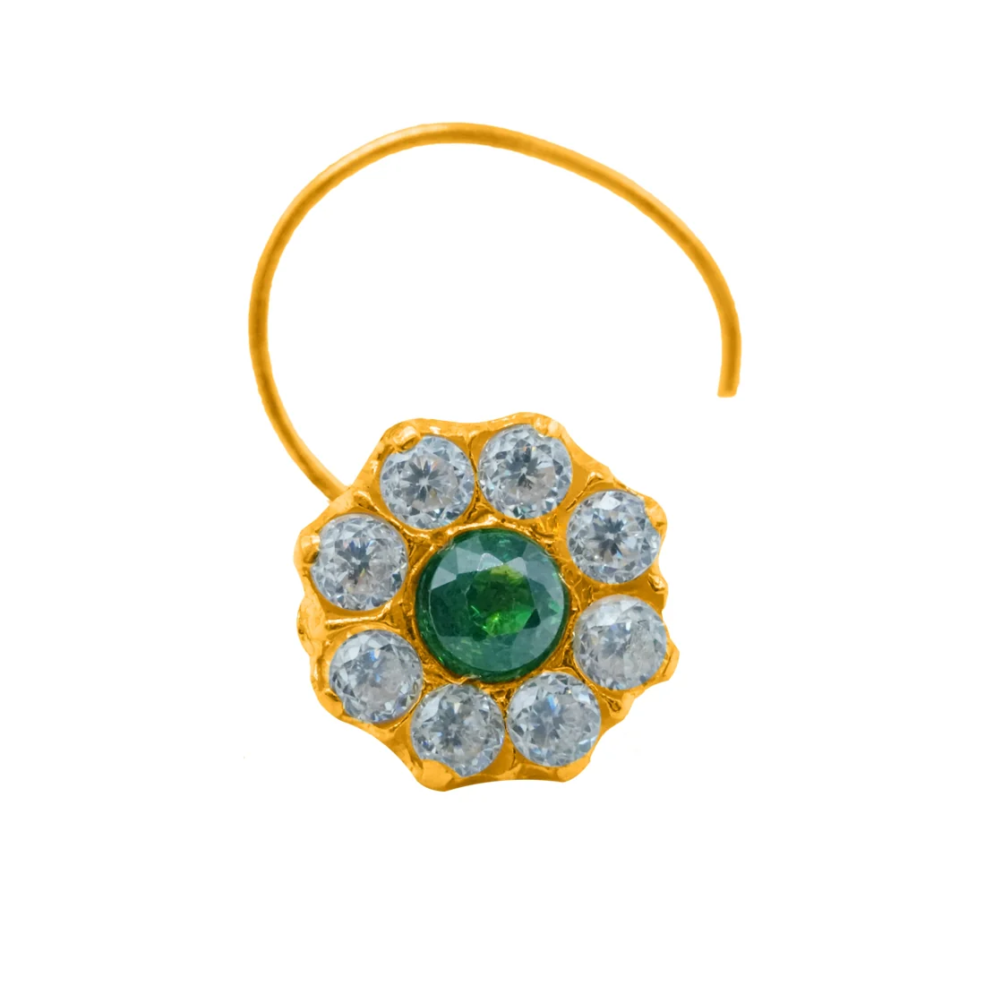 18KT Yellow Gold Elegant Green & White Stone Floral Design Nosepin - Image 2