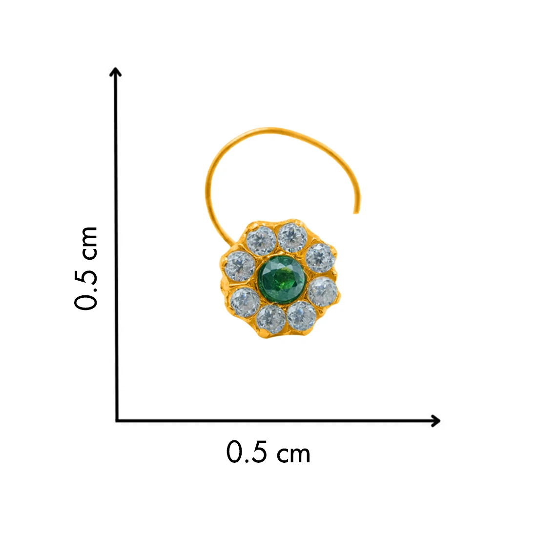 18KT Yellow Gold Elegant Green & White Stone Floral Design Nosepin - Image 3