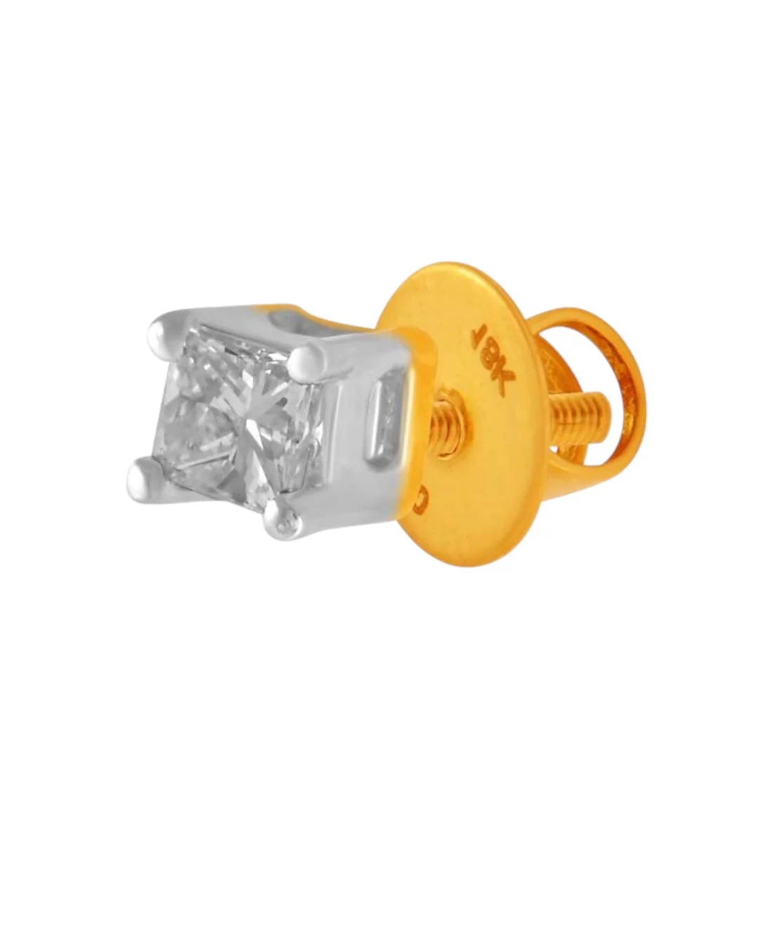 18KT Yellow Gold Stud Mens Earring with Princess Cut Diamond – 0.05 ct | Lightweight Daily Wear | F-G Color | VS Clarity (Single Piece)