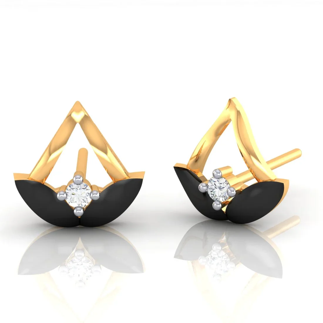 22k (916) Gold Earrings Boat Studs With Black Meena And Embedded Stones - Image 3