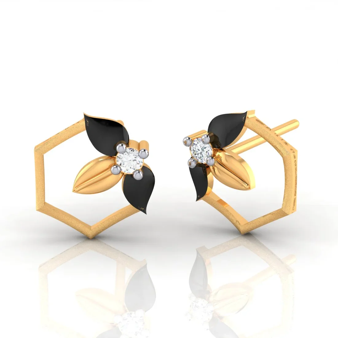 22k (916) Gold Earrings Hexagonal Floral Studs With Black Meena And Embedded Stones - Image 2